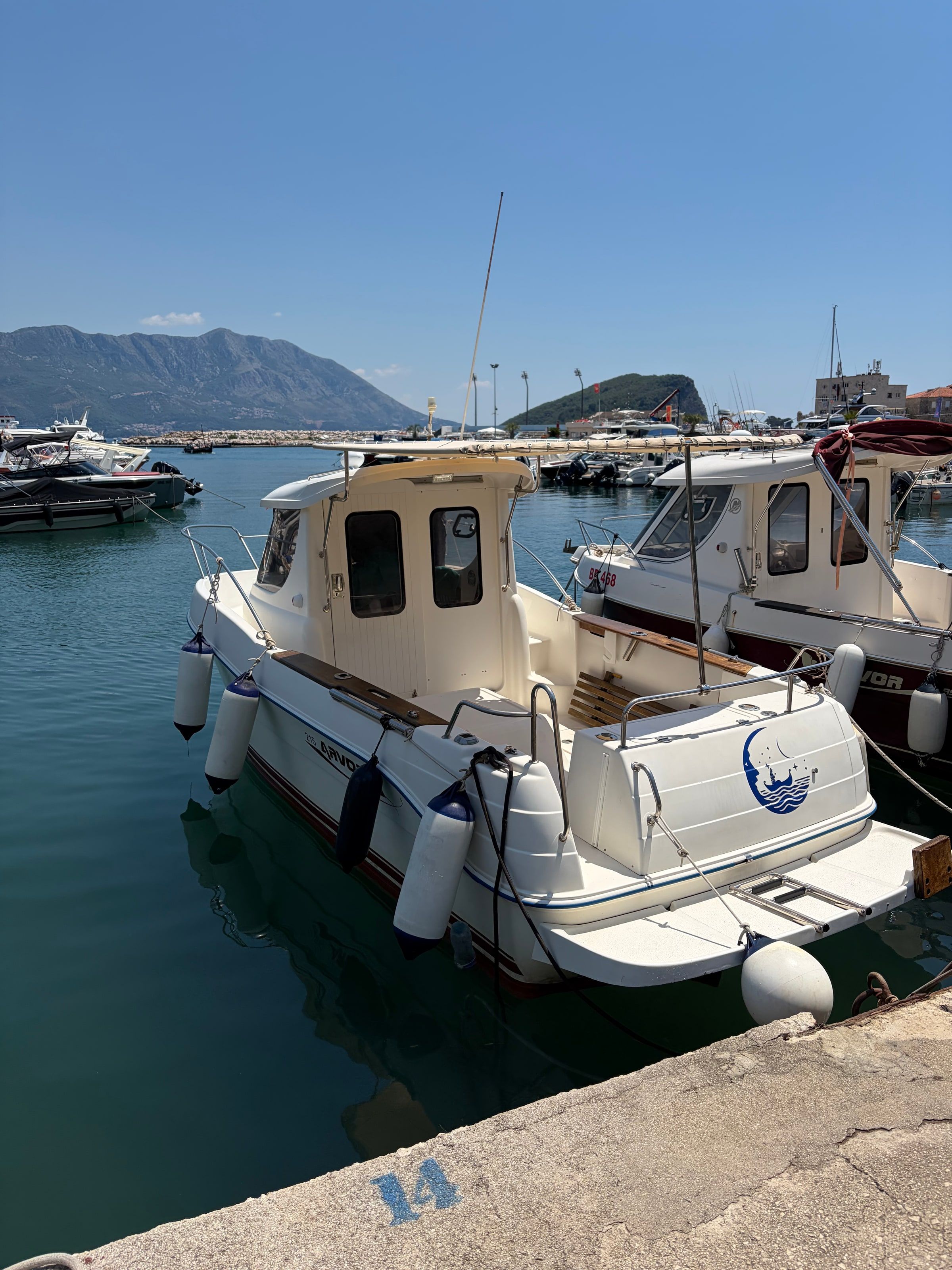 La marina de Budva con lanchas y montañas