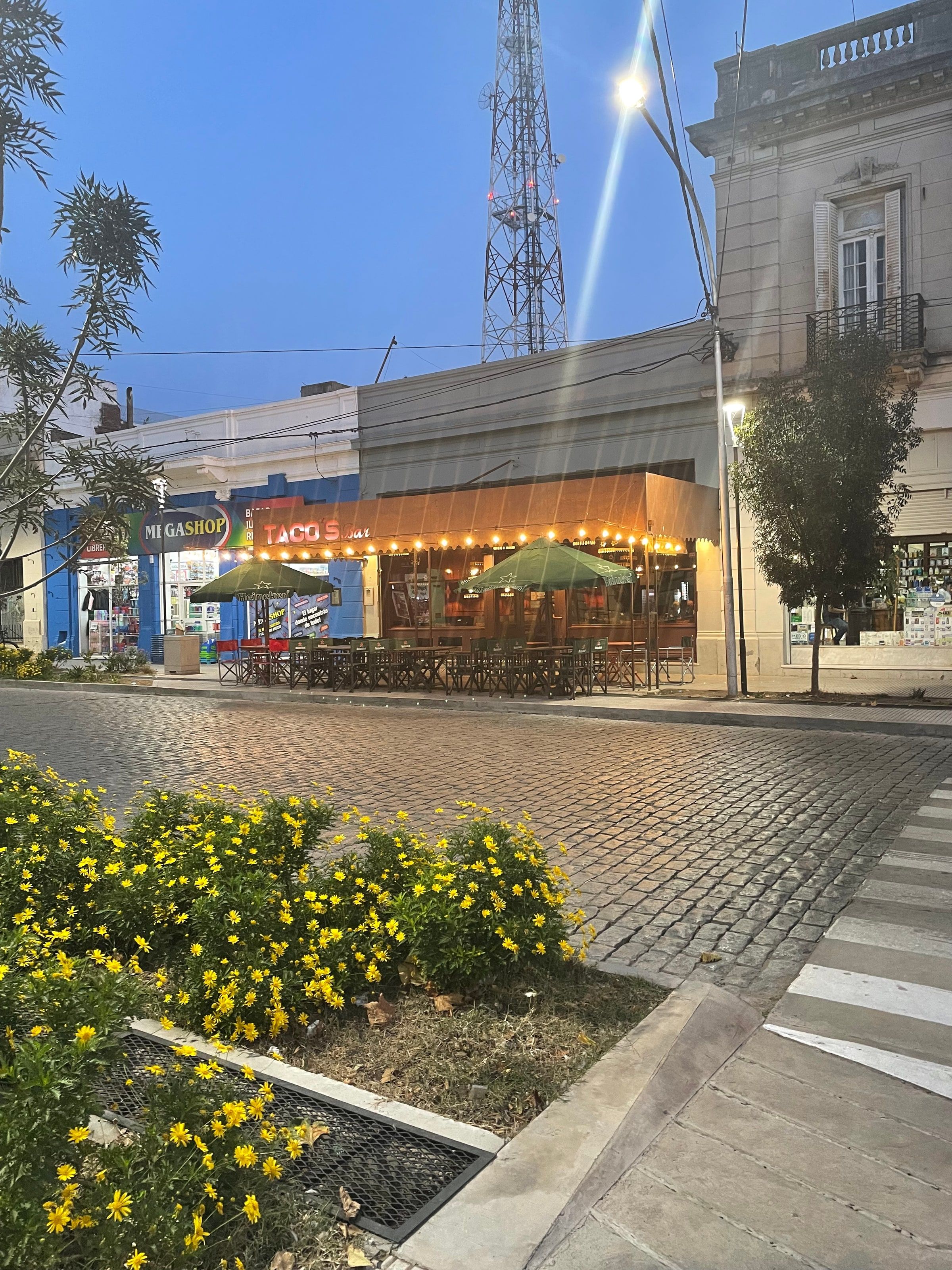 Una esquina del centro con luces al anochecer