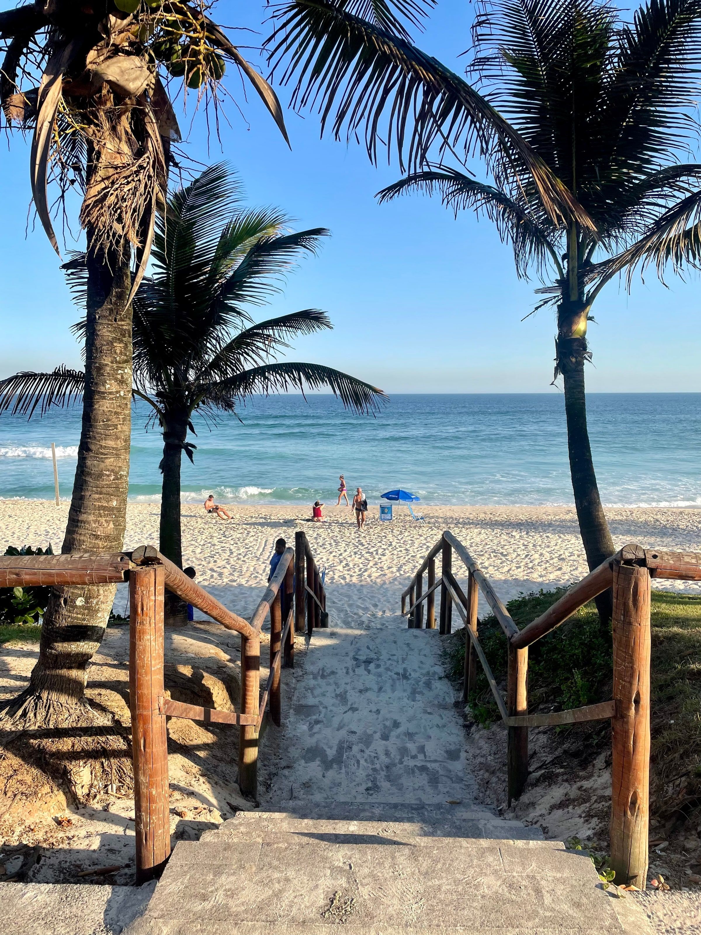 Una pasarela de madera entre palmeras hacia la playa de Barra