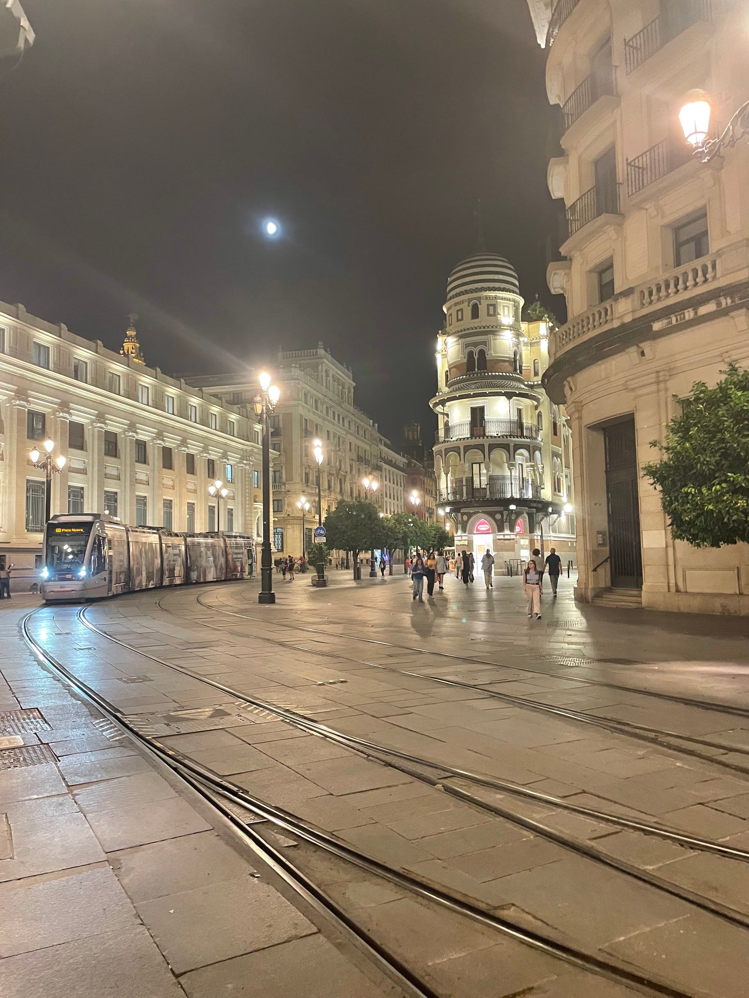 La Avenida de la Constitución de noche, con el tranvía